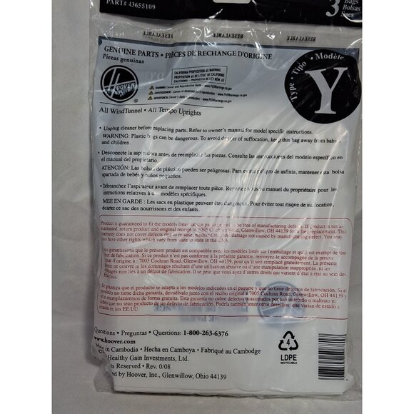 3 Bags, HOOVER Vacuum BAGS Pack Allergen Filtration Type Y, Genuine - Picture 4 of 5